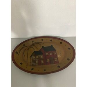 Donna White Oval Decorative Plate‎ Folk Art Americana Village Scene Stars